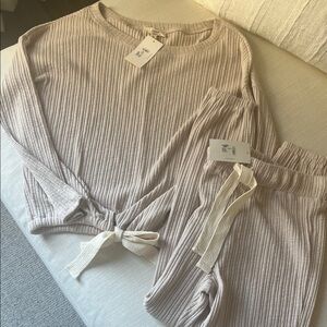 Ribbed Knit Tie-Hem Lounge Set - Light Taupe
